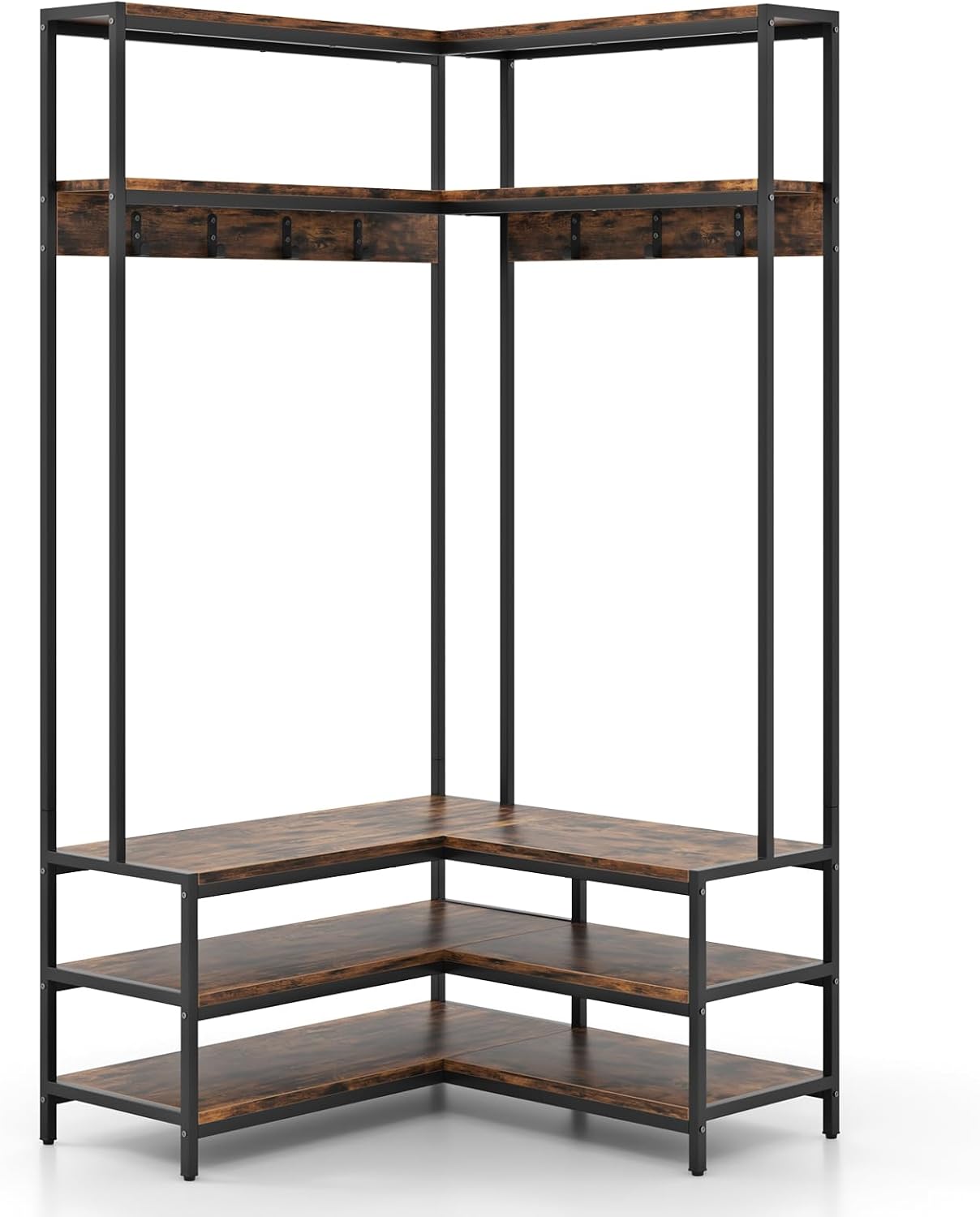 Multigot L-shaped Clothes Rack, Freestanding Corner Garment Rack Hall Tree with Shoe Storage Bench, Shelves and 7 Hooks, Metal Frame Coat Rack Stand Closet Storage Organizer (Rustic Brown+Black)