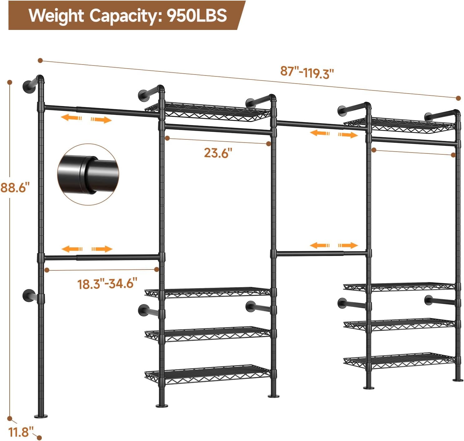 ComfyCorner Wall Mounted Garment Rack, Industrial Pipe Metal Clothing Rack with 6 Hanging Rods (4 Expandable) & 8 Shelves, Closet Organizers and Storage System for Bedroom, Walk in Closet