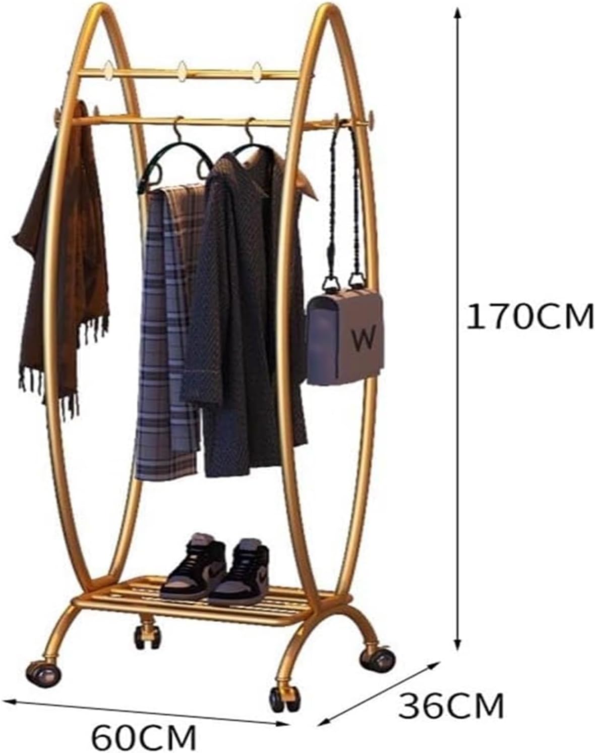 Heavy Duty Clothes Rack with Shelves, 3-in-1 Entryway Coat & Shoe Rack Metal Garment Rack for Hanging Clothes Easy Movement and Organization for Boutique, Retail Or HOM, Gold-a-60X36X170CM