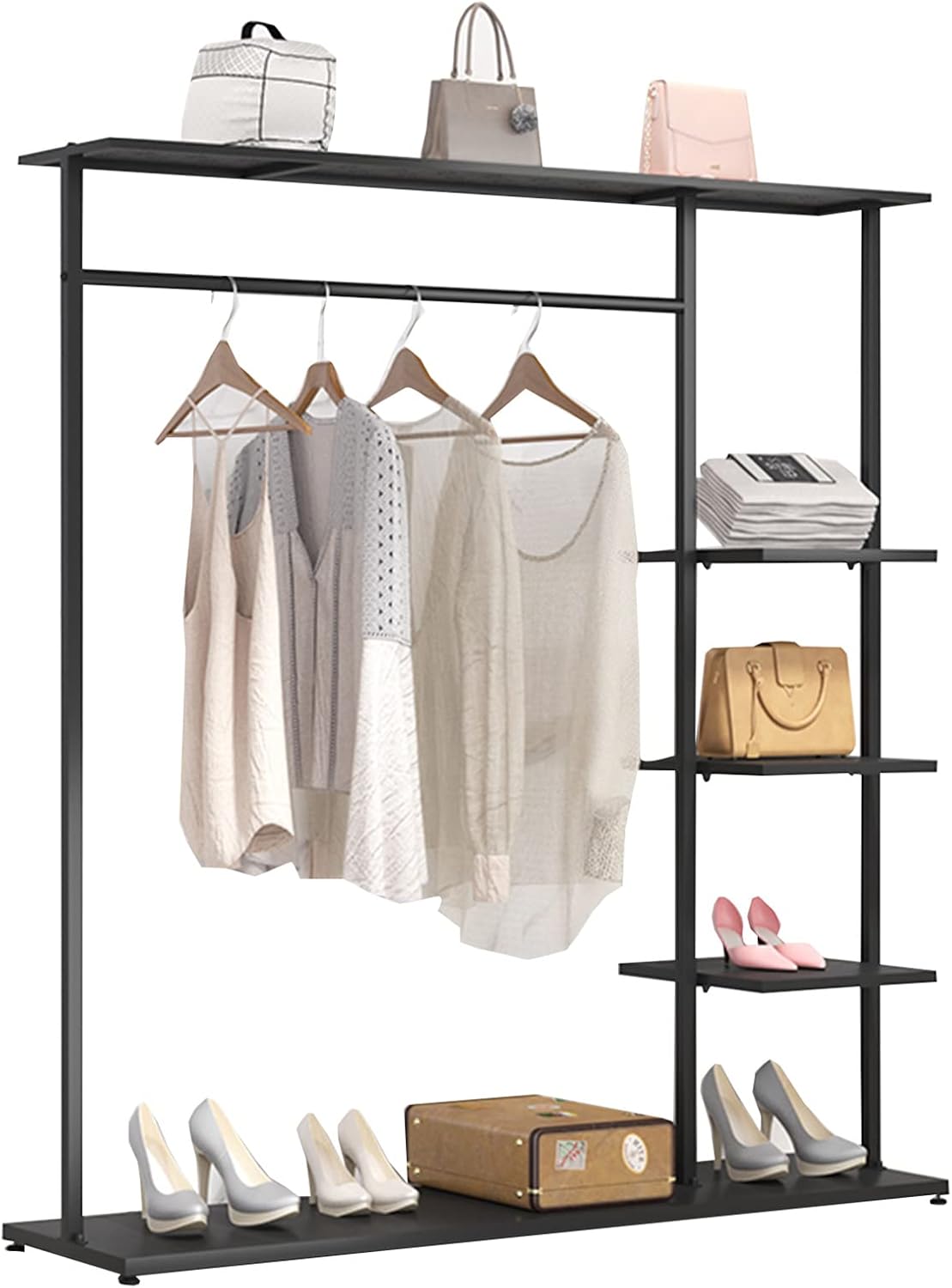 Garment Rack Freestanding Wardrobe Closet With 5 Shelves, Commercial Heavy Duty Clothing Rack For Hanging Clothes, Portable Metal Closet Organizer For Bedroom, Easy To Assemble, Bla(Size:100X40X160CM)