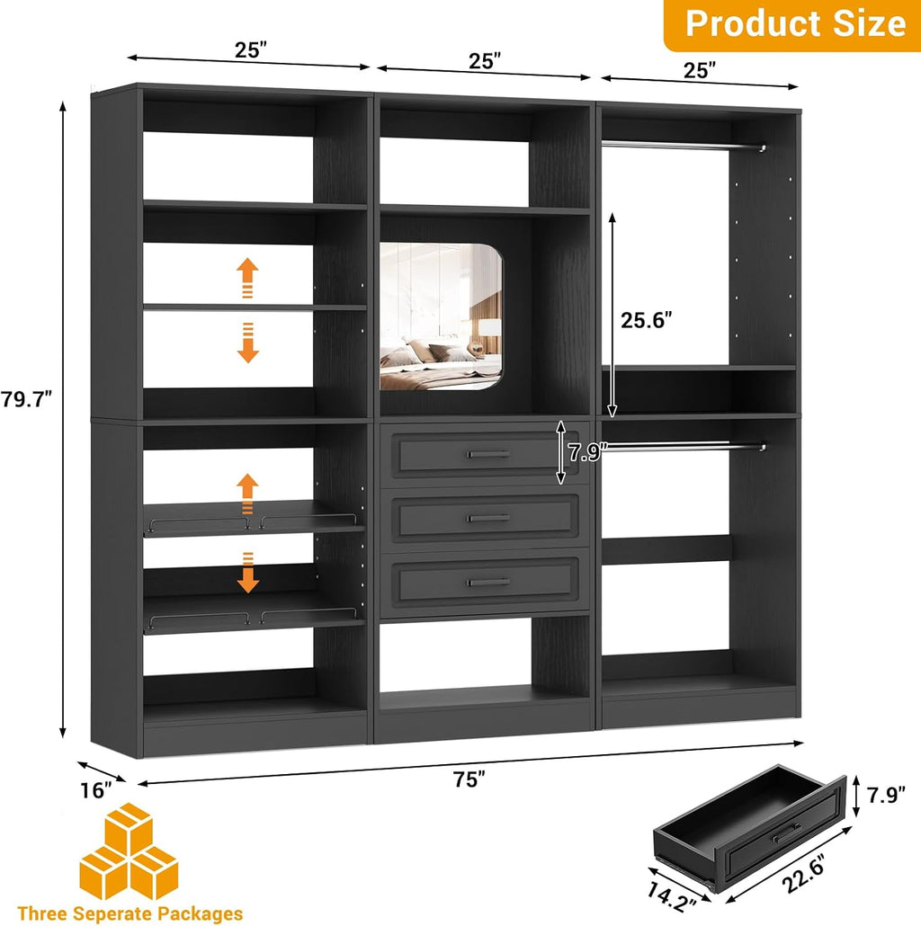 Unikito Modular Closet System with 3 Sets, 75'Closet Organizer System With Drawers, Mirror, Hanging Rods and Adjustable Shelves, Freestanding Wood Wardrobe Garment Rack, Walk in Closet Tower, Black
