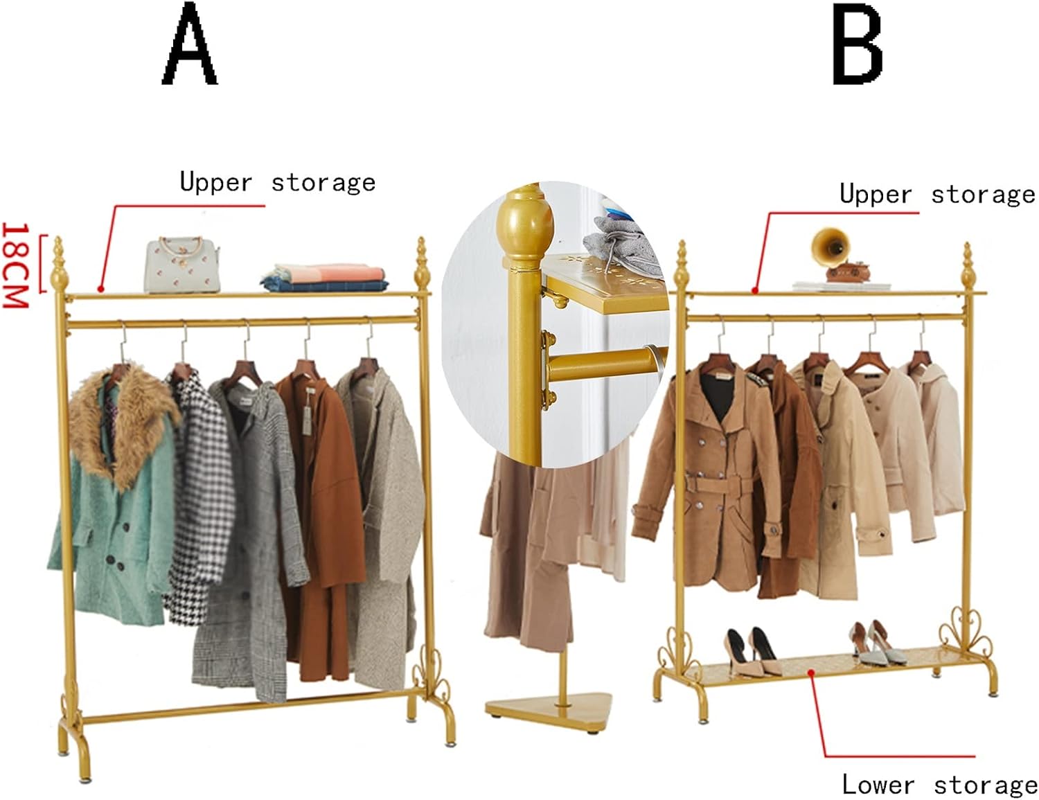 Display Clothing Garment Rack,Drying Clothing Metal Heavy Duty Organizer Storage Shelf Standing Metal Sturdy Hanger with Top Rod and Storage,for Hanging Clothes,Gold,A,80 * 40 * 165Cm