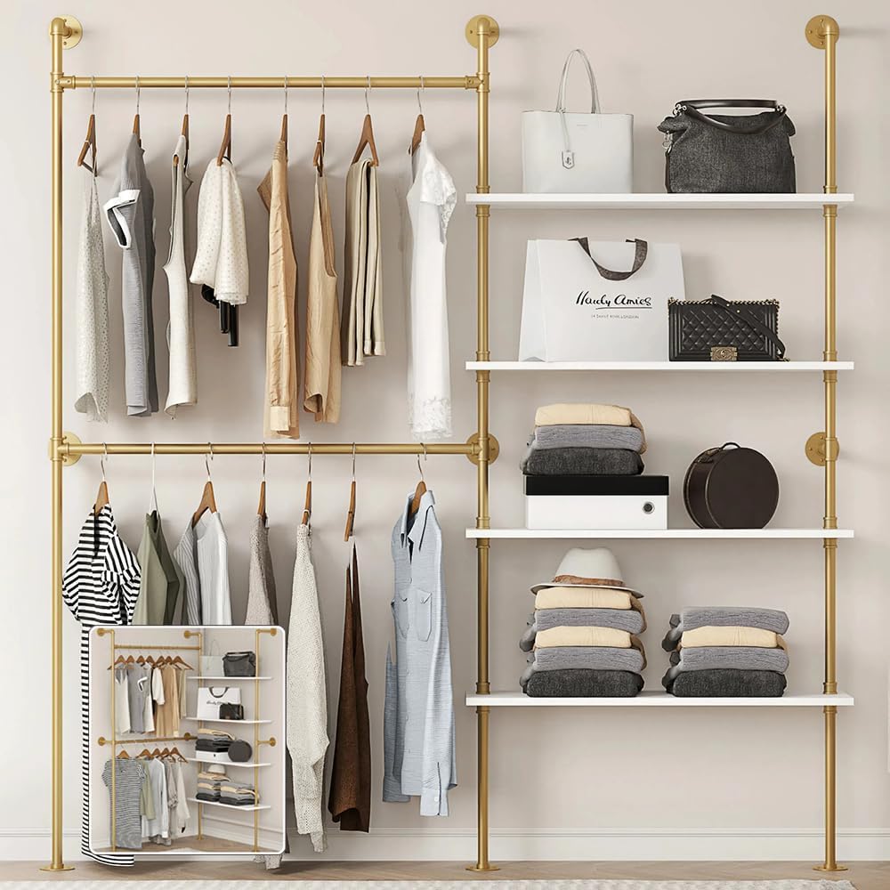 Industrial Pipe Clothing Rack Wall Mounted Heavy Duty, Space Saving Garment Hanger System for Wardrobe/Walk-in Closet, Gold