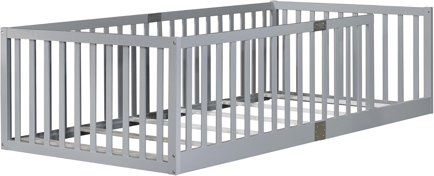 Twin Size Floor Bed with 21.5' High Rails, Solid Rubber Wood Montessori Bed Twin for Boys Girls, Low Profile Kids Beds Frame with 6 Slats, No Box Spring Needeed, Grey