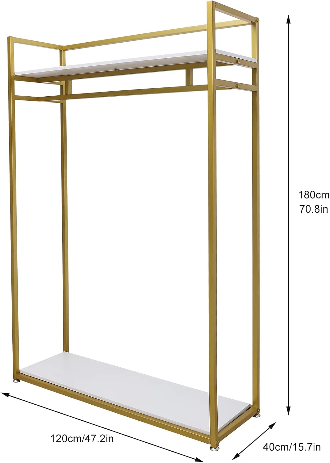 Open Garment Clothing Rack, Freestanding Standing Closet with Shelves Heavy Duty Shoes Bags Clothes Organizer Garment Rack Gold Hanging Clothing Rack for Small Spaces (47' L)