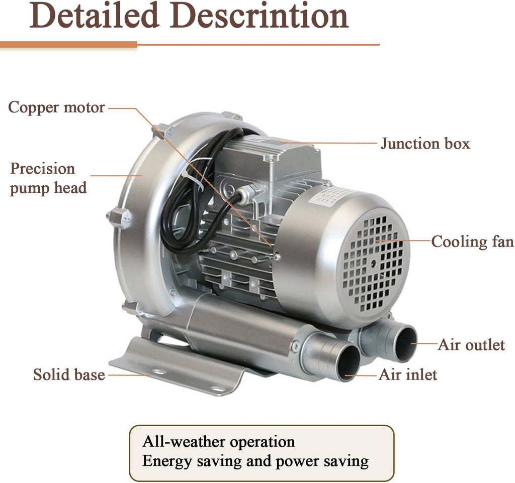 High-Pressure 220V Regenerative Blower Turbo Pump - Industrial Vortex Fans for Koi Fish, Hydroponics, Pond Aeration, Aquatic Systems, Efficient Air Circulation