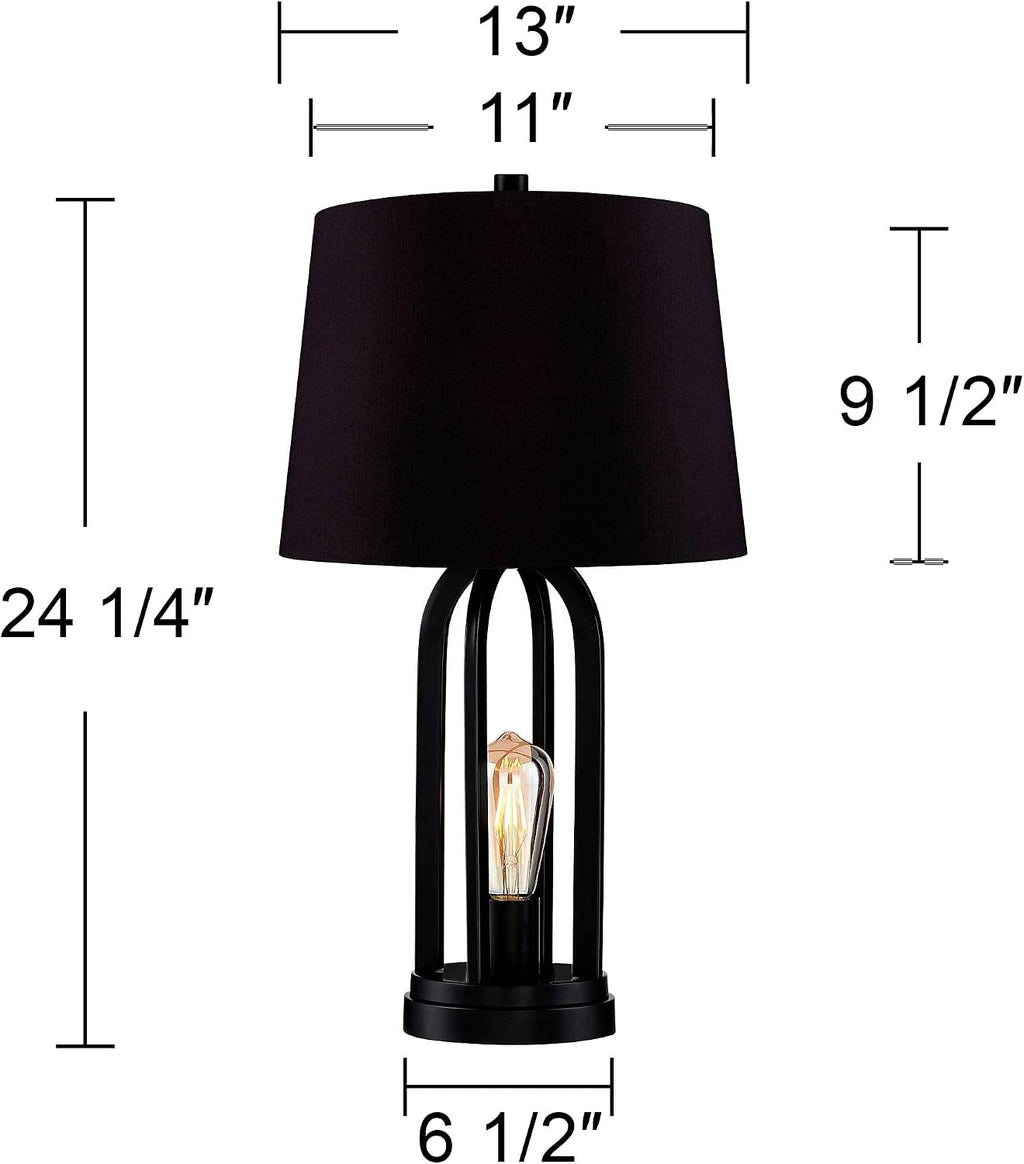 360 Lighting Marcel Industrial Modern Table Lamps 24.25' High Set of 2 with USB Charging Port and Nightlight LED Black Metal Faux Silk Drum Shade for Living Room Desk Bedroom House Bedside