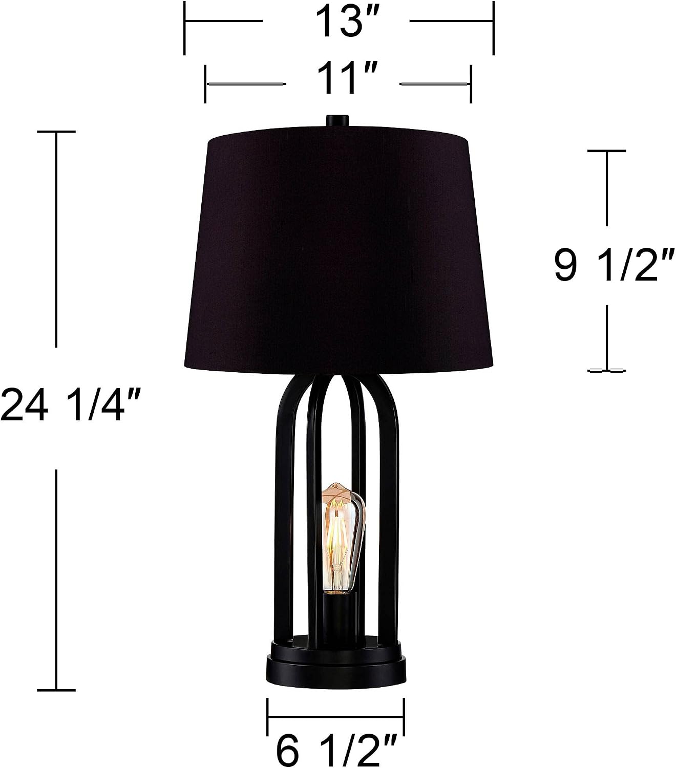 360 Lighting Marcel Industrial Modern Table Lamps 24.25' High Set of 2 with USB Charging Port and Nightlight LED Black Metal Faux Silk Drum Shade for Living Room Desk Bedroom House Bedside