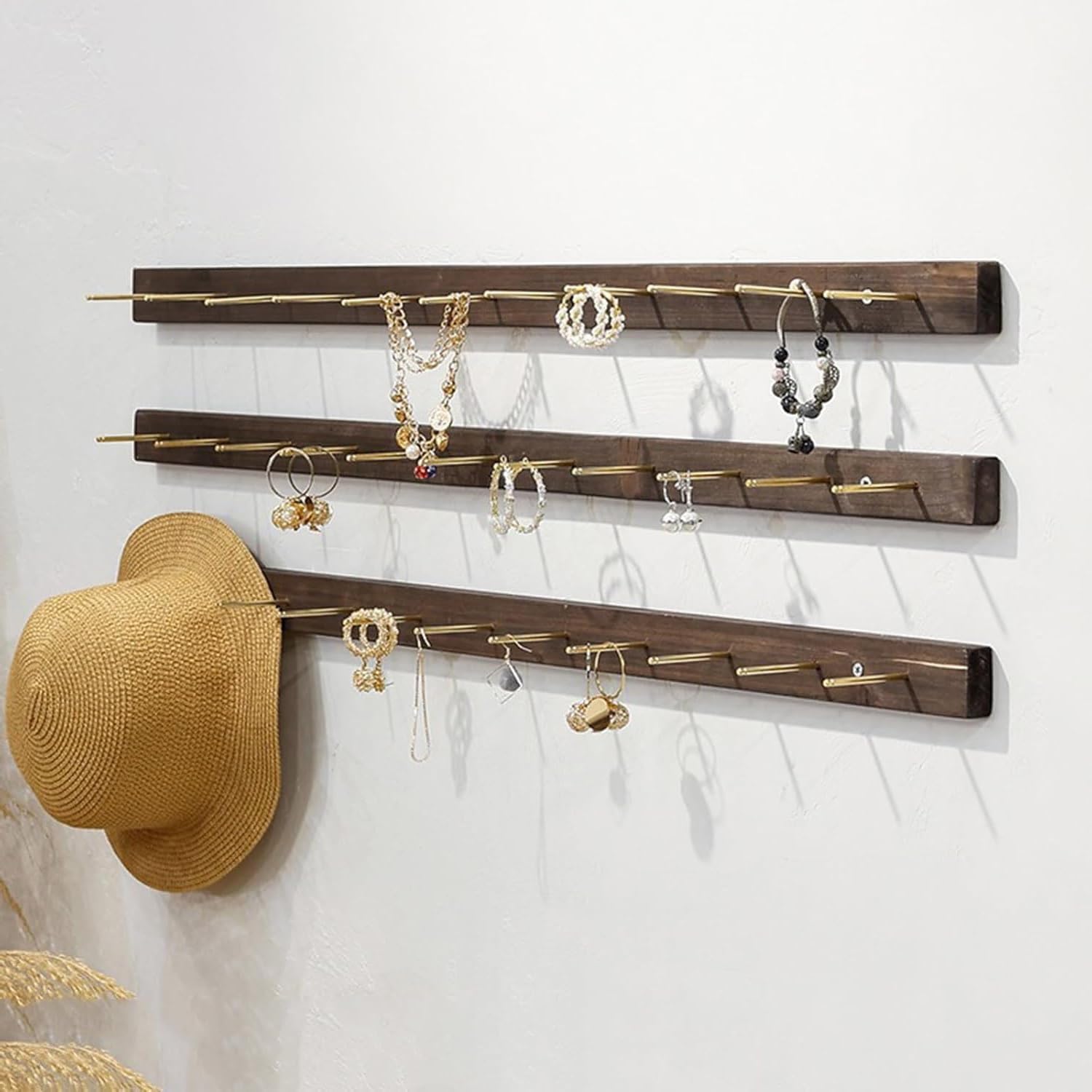 Wall Mounted Jewelry Stand Organizer, Hanging Earring Holder Keyring shelf Bracelets Rings Bangles Display Rack sock holder,For Clothing Store/Retail Store/Jewelry Store(Walnut color 3pcs,90cm)