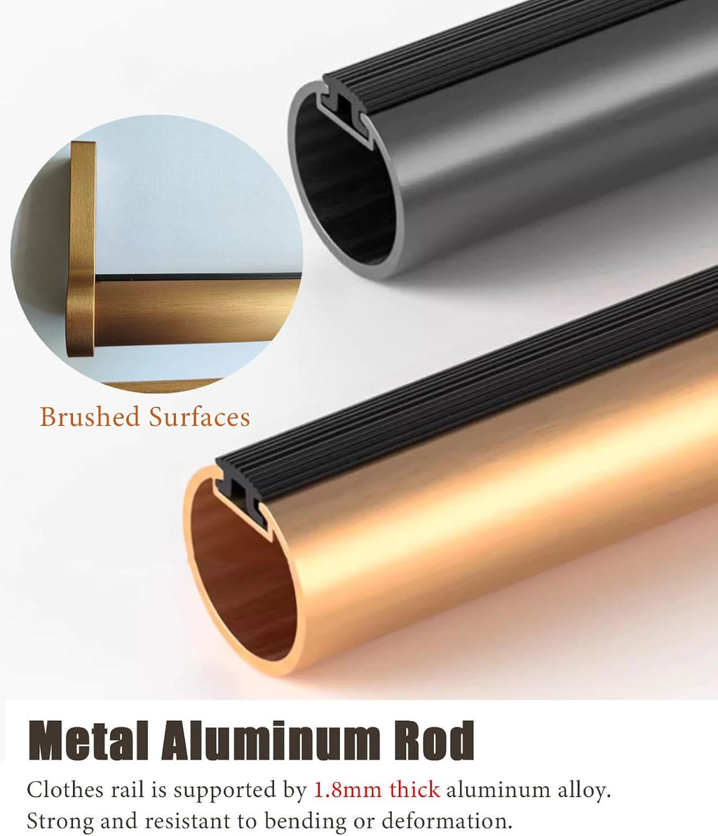 Closet Rod Brushed Gold Clothes Rod Support Pole, Ceiling/Wall Mount Closet Garment Racks, Cuttable Round Tube Hanger Rail for Clothing Store, Cloakrooms(135cm (53 in))