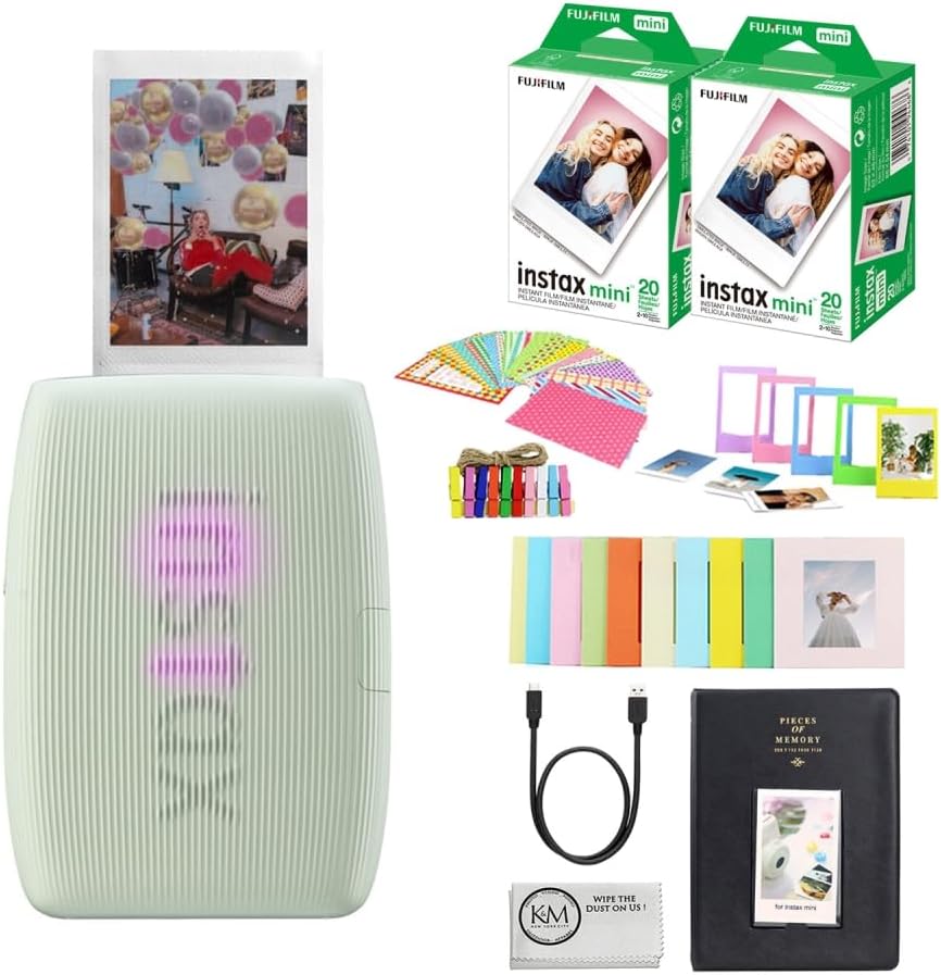 FUJIFILM INSTAX Mini Link 3 Smartphone Printer | Sage Green Bundled with INSTAX Mini Instant Film | 40 Exposures + Instax Mini Album, Borders, Stickers & Clips + Microfiber Cleaning Cloth (5 Items)