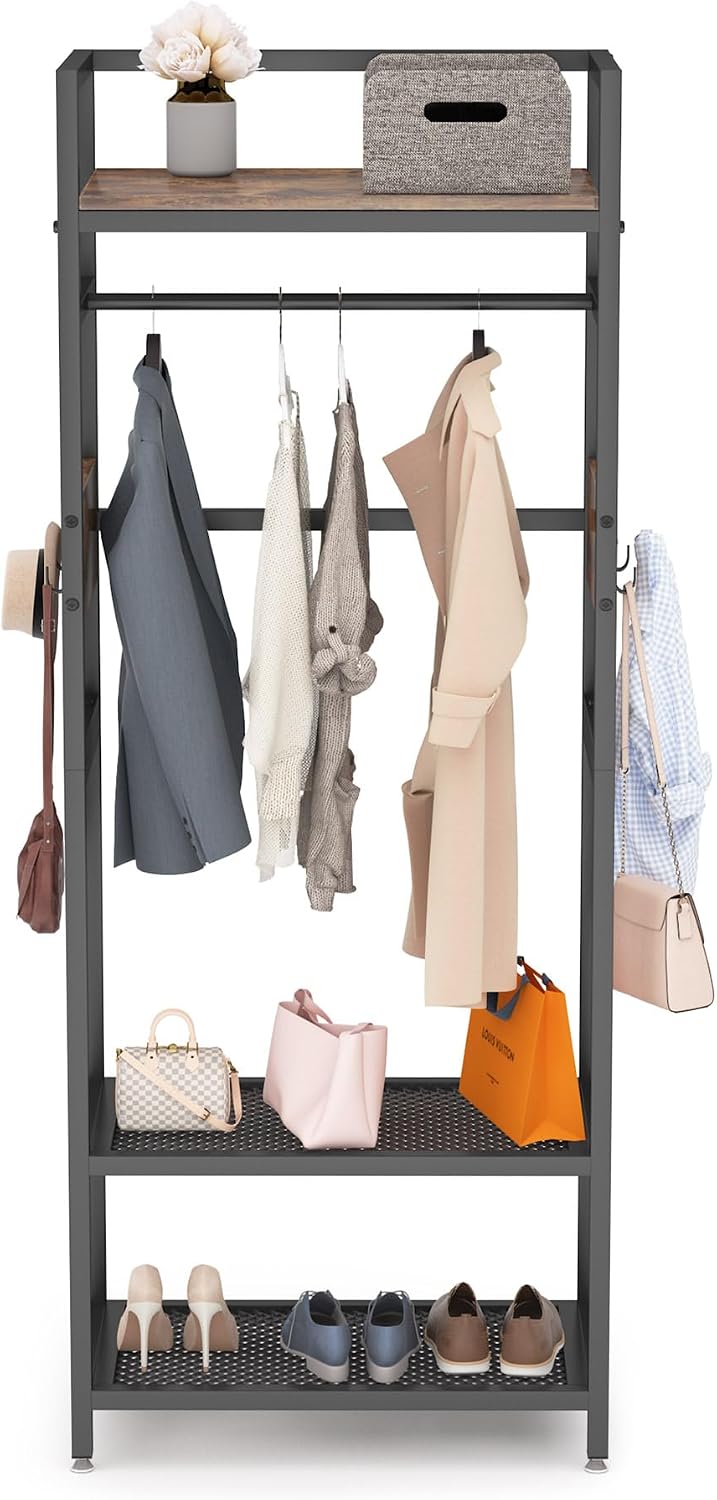 TRIBEHOME Small Clothes Rack, Freestanding Garment Rack with Shelf and Hanging Rod, Heavy Duty Coat Rack Hall Tree for Living Room, Bedroom, Hallway