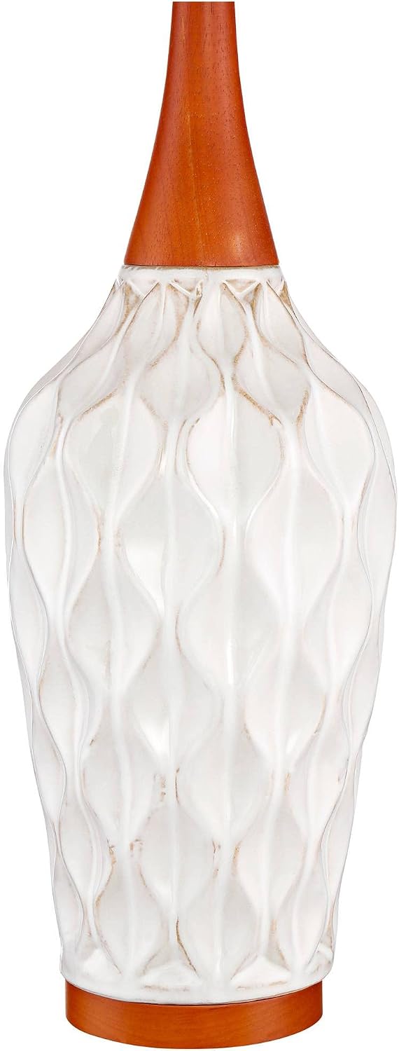 360 Lighting Rocco Mid Century Modern Table Lamps 30' Tall Set of 2 White Geometric Ceramic Oak Wood Tan Fabric Drum Shade for Bedroom Living Room Bedside Nightstand House Home Office