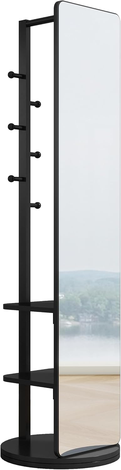 BOWEI Solid Wooden Mirror Coat Rack, Full Length Mirror with Coat Rack, Hall Coat Tree with Hooks and Storage Shelf for Coats, Hats, Bags, for Entryway, Hallway, Bedroom (Black)