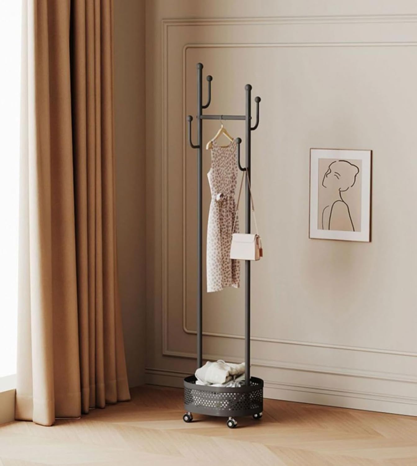 Heavy-Duty Clothing Racks Rolling Rack with Wheels Modern Metal Coat Stand with Storage Basket Moveable Garment Rack for Hanging Clothes Bedrooms Boutiques(black)