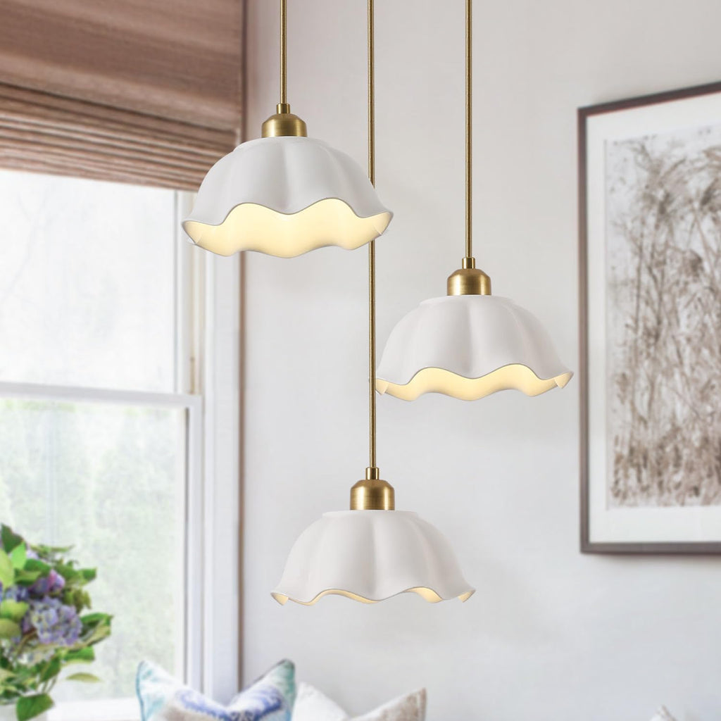 3 Light Pendant Light Minimalist Style Ceiling Hanging Lamp Retro White Wave Ceramic Lampshade Brass Finish Ceiling Light for Kitchen Island Bedroom Bedside