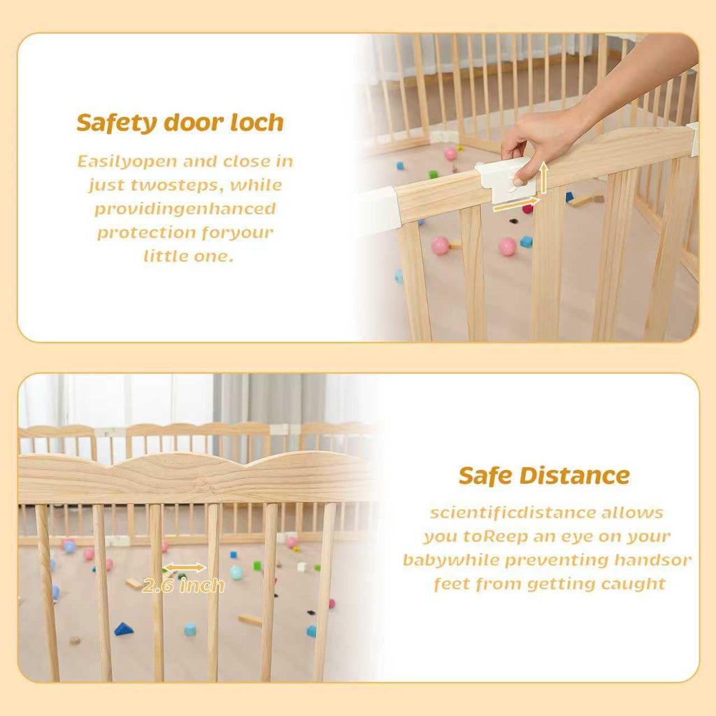 Natural Wood Baby Playpen for Babies and Toddlers Portable Infant Play pens for Kids Extra Large Toddler Wood Fence Play Area with Child Proof Lock 69x69x24Inch