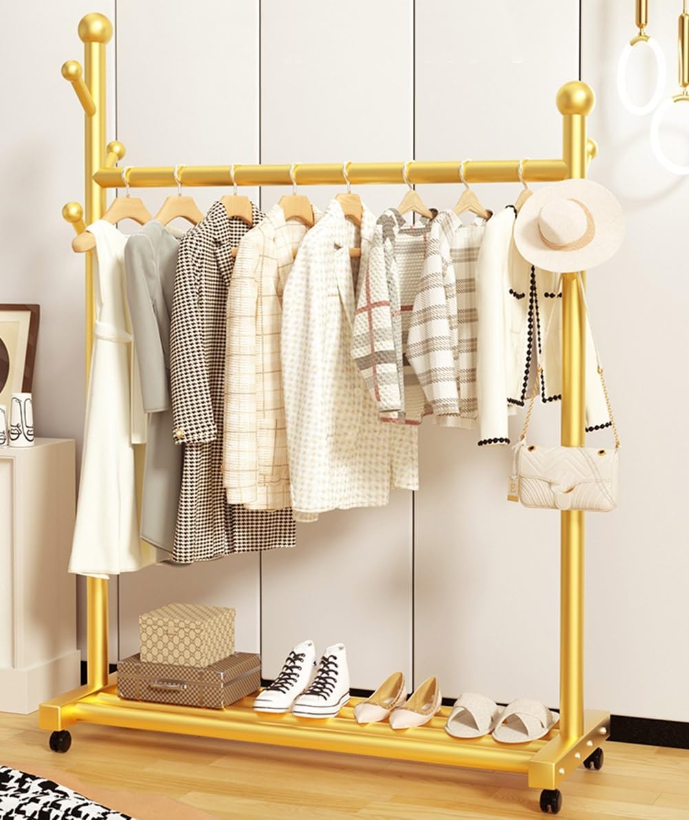 Narrow Clothes Rack with Wheels, Rolling Garment Rack for Hanging Clothes, Clothing Organizer with Side Hooks and Bottom Storage Shelf, Gold (Color : Gold, Size : 60x38x154cm)