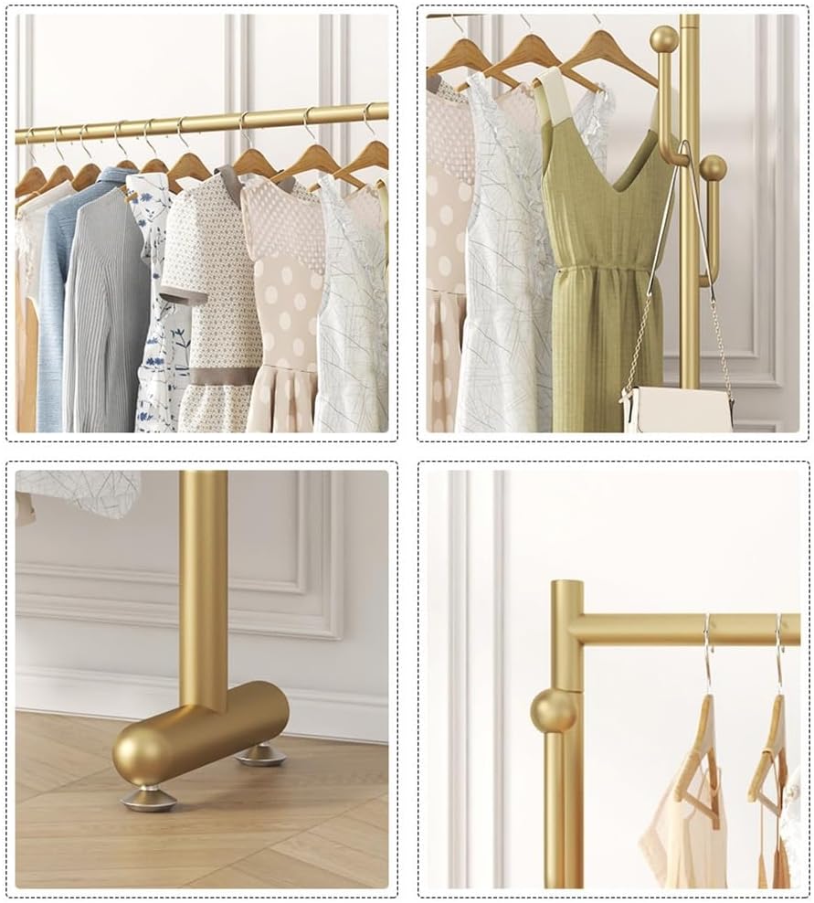 Freestanding Clothing Garment Rack for Hanging Clothes, Metal Clothes Organizer for Bedroom, Laundry Room, Single Rail with Side Hooks (Color : Gold, Size : 60x40x130cm)