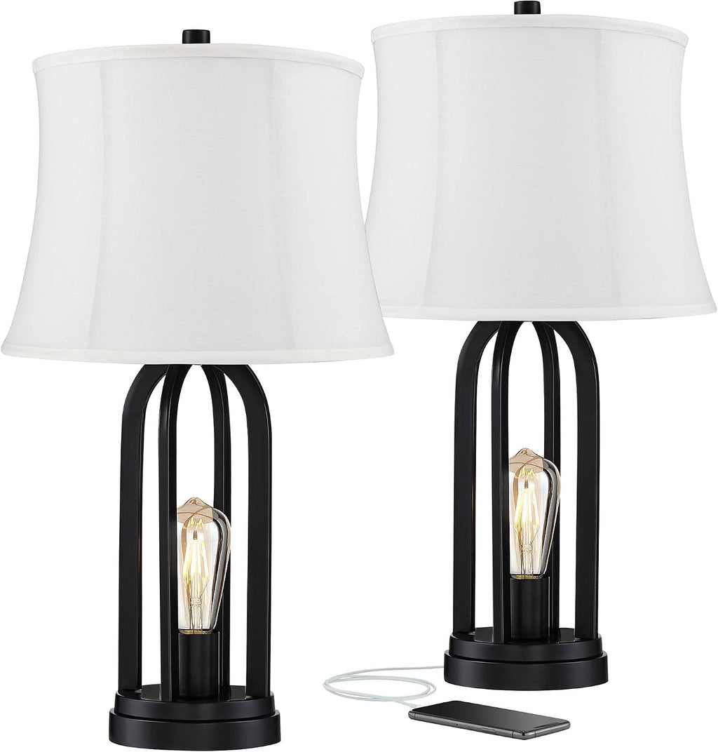 360 Lighting Marcel Industrial Modern Table Lamps 24.25' High Set of 2 with USB Charging Port and Nightlight LED Black Cream Fabric Drum Shade for Living Room Desk Bedroom House Bedside