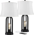 360 Lighting Marcel Industrial Modern Table Lamps 24.25' High Set of 2 with USB Charging Port and Nightlight LED Black Cream Fabric Drum Shade for Living Room Desk Bedroom House Bedside
