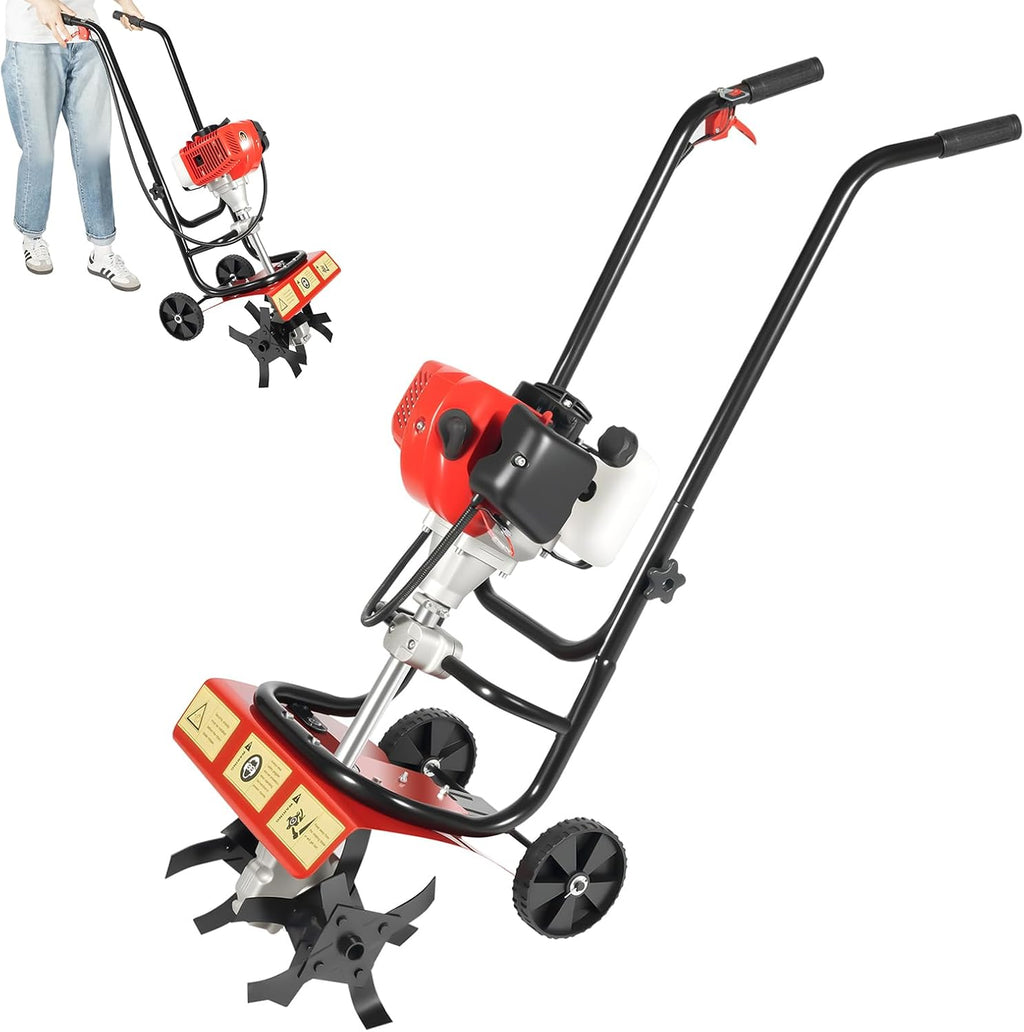 52CC 2 Stroke Tiller Cultivator, 1900W Garden Mini Tiller Rototiller Gas Powered Rotary Cultivator Hand Push Single-Cylinder Rototiller Garden Tool w/0.2GAL Fuel Tank for Soil Weeding (Hand Push)
