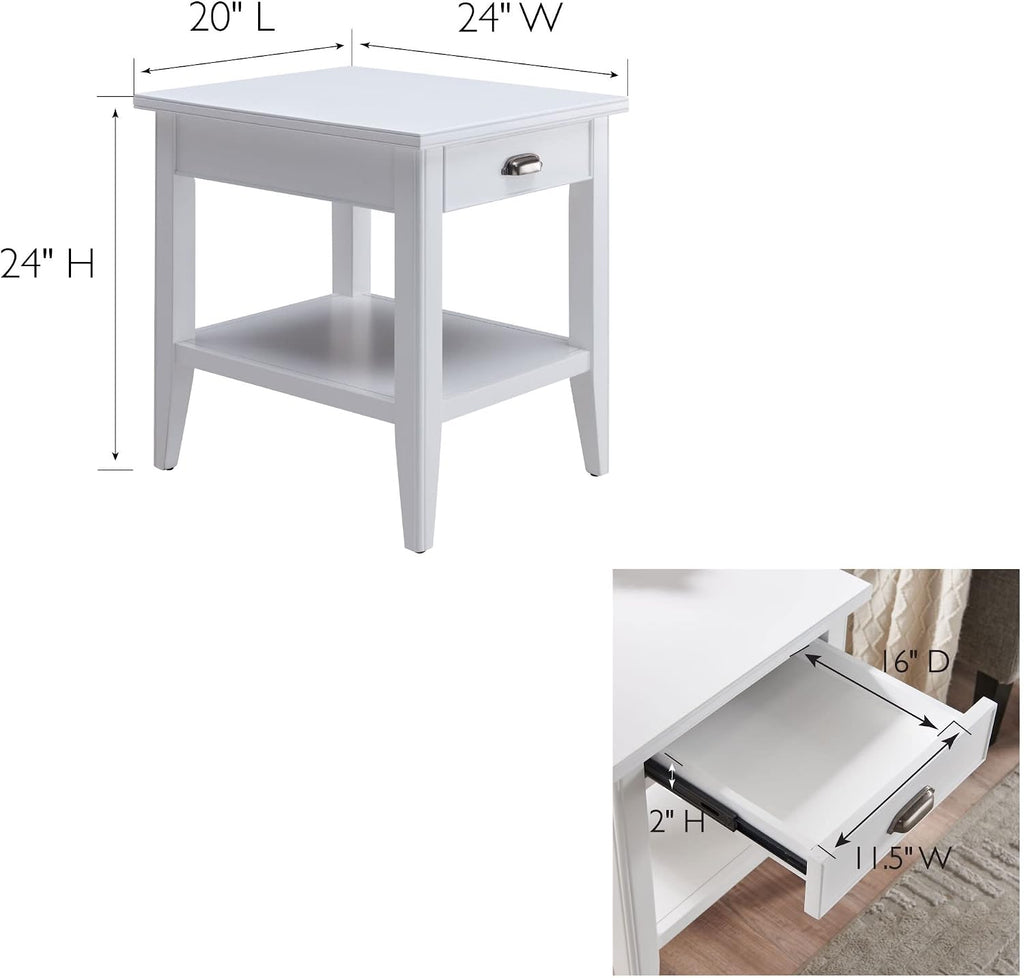 Leick Home Laurent 20 in. Solid Wood End Table with Shelf and Drawer, White, 10507-WT