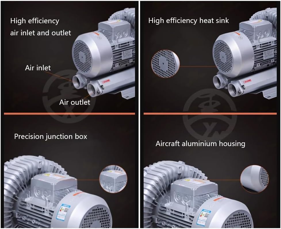 Regenerative Blower Silver, 110V 50Hz Single Phase, High-Pressure Vortex Ring Blower, 0.47HP 0.5HP 0.74HP 1.01HP 1.49HP Industrial Vacuum Pump for Air Blowing Or Suction(1100W/1.49HP)