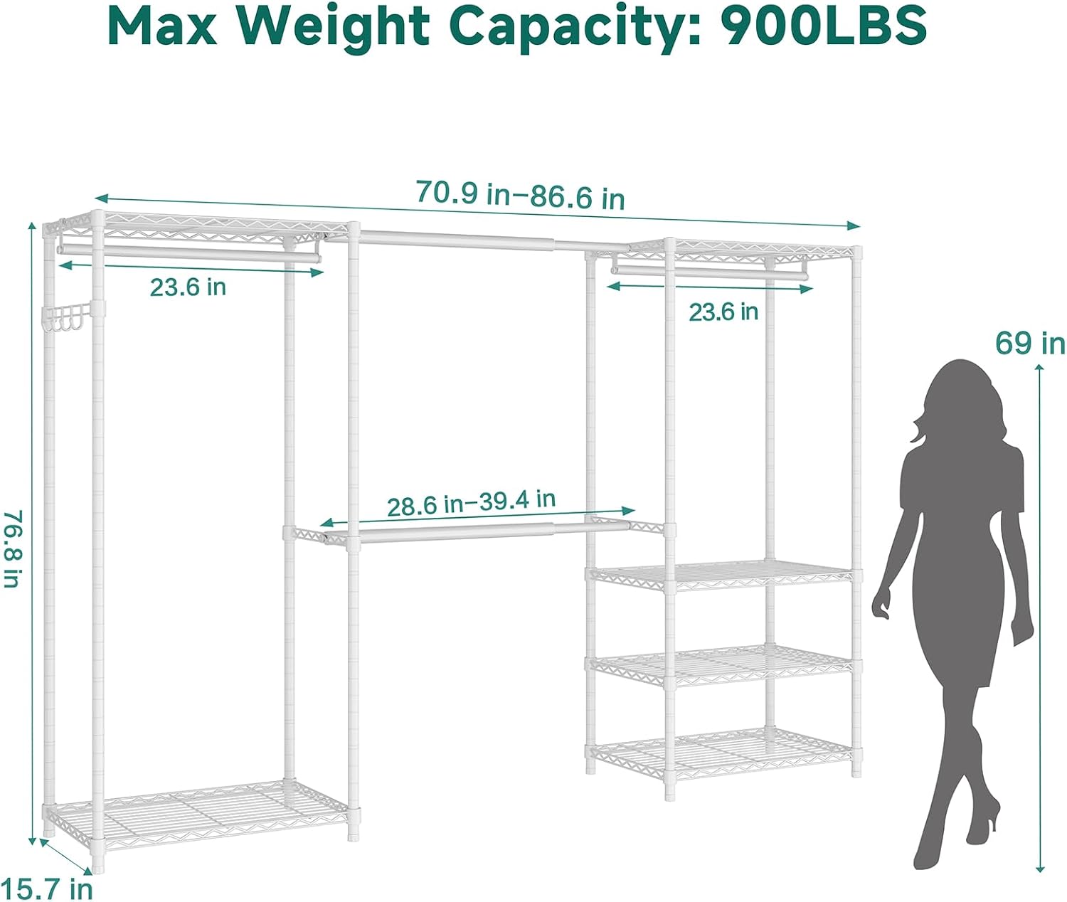 Heavy Duty Garment Rack, Portable Expandable Freestanding 4 Tiers Adjustable Wire Shelves Clothes Rack with 2 Retractable Poles, 70.9-86.6' L x 15.7' W x 76.8' H, Max Load 900LBS, White