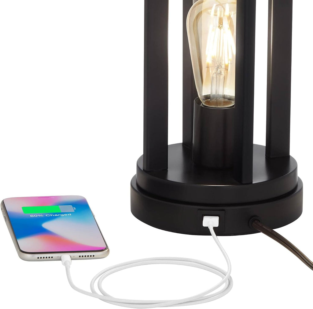 360 Lighting Marcel Industrial Modern Table Lamps 24.25' High Set of 2 with USB Charging Port and Nightlight LED Black Cream Fabric Drum Shade for Living Room Desk Bedroom House Bedside