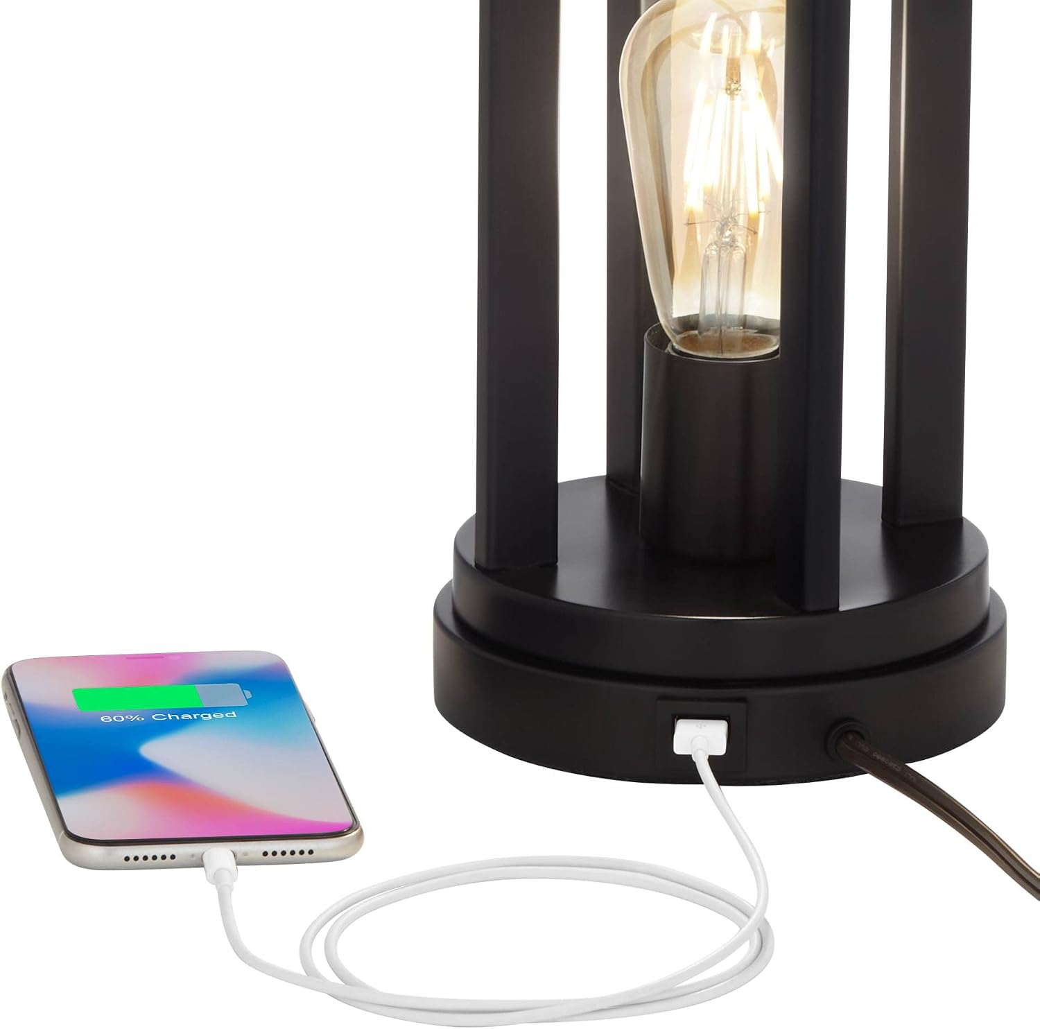 360 Lighting Marcel Industrial Modern Table Lamps 24.25' High Set of 2 with USB Charging Port and Nightlight LED Black Cream Fabric Drum Shade for Living Room Desk Bedroom House Bedside
