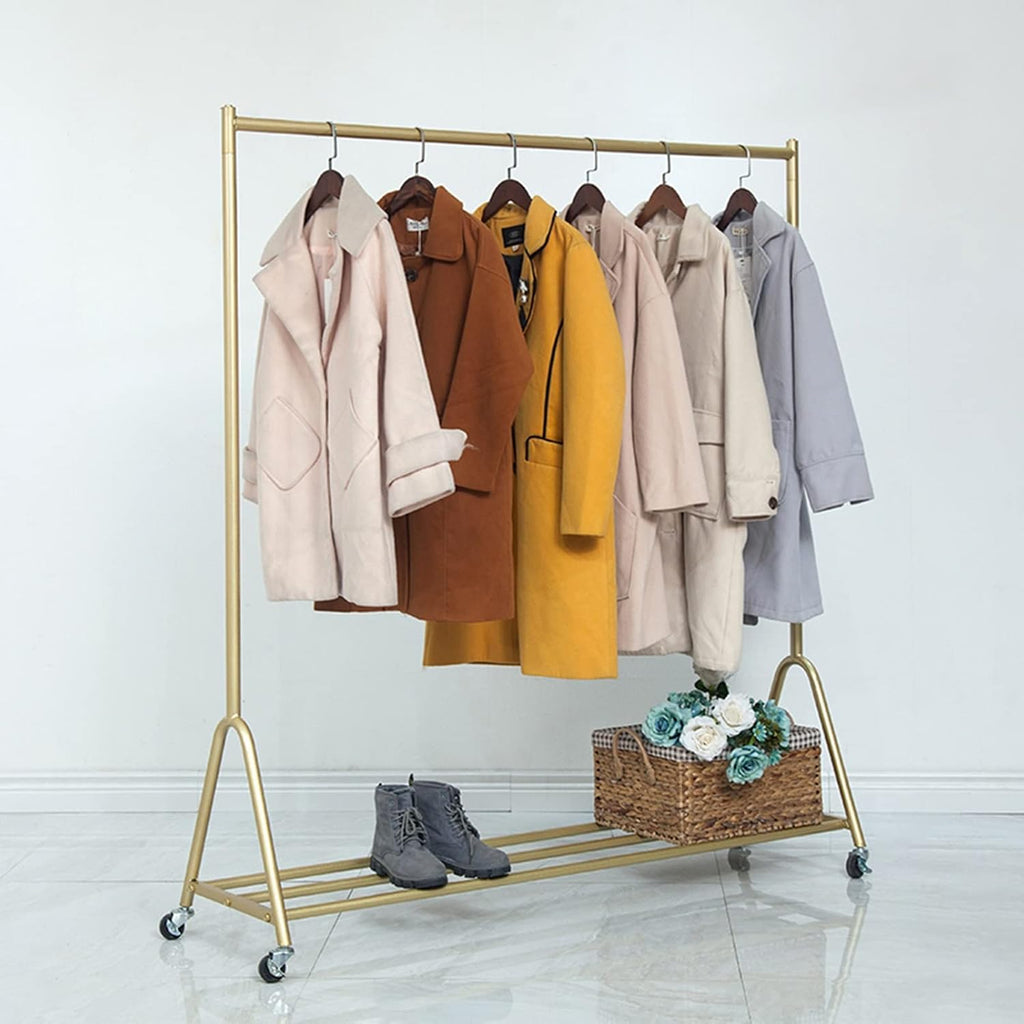 Modern Clothing Rack On Wheels,Heavy Duty Metal Garment Rack for Hanging Clothes,Gold Display Rack for Boutique Retail and Bedroom,Easy Assemble