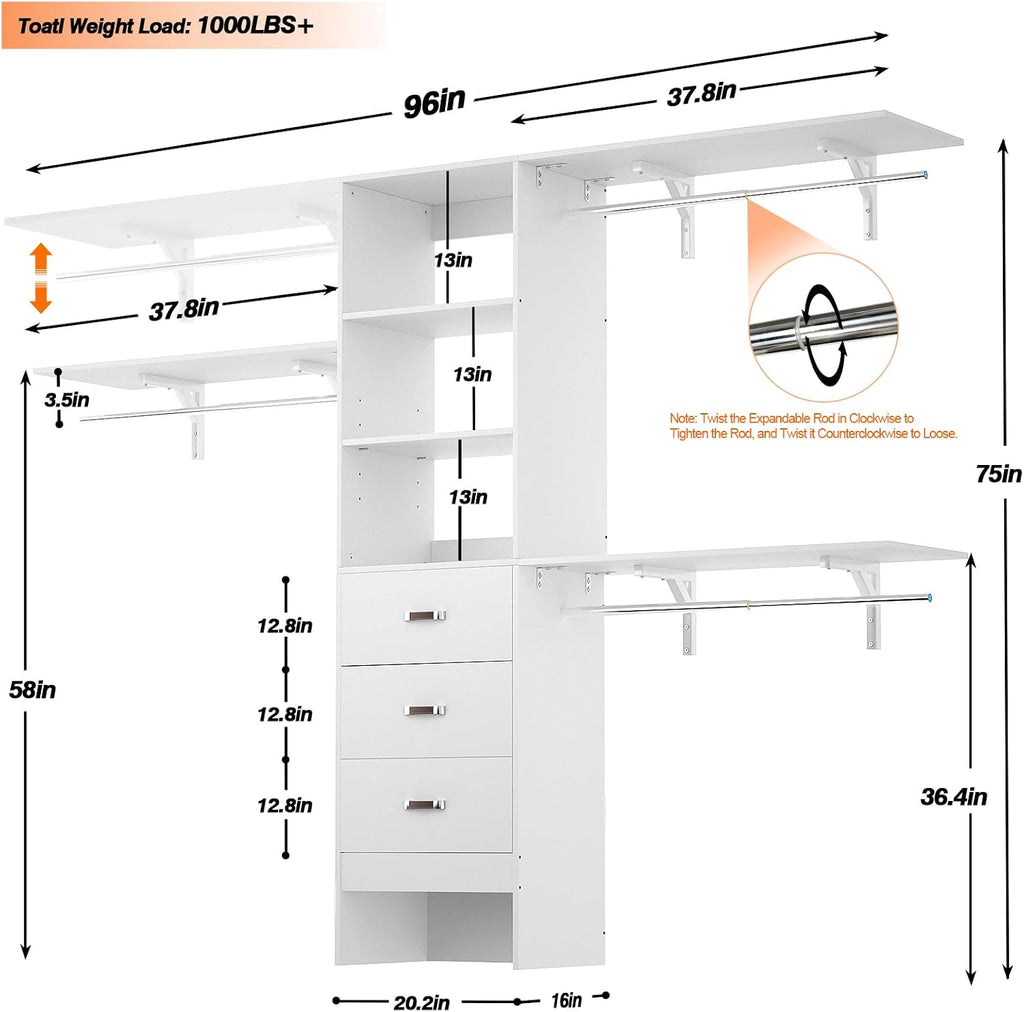 iSunirm 8FT Closet System, 96'' Closet Organizer System with 3 Hanging Rods, Wall Mount Bedroom Wardrobe with 3 Drawers Walk-in Closet, Adjustable Cloth Garment Rack from 5 to 8FT (Cut to Fit), White