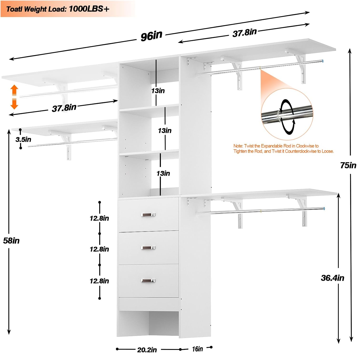 iSunirm 8FT Closet System, 96'' Closet Organizer System with 3 Hanging Rods, Wall Mount Bedroom Wardrobe with 3 Drawers Walk-in Closet, Adjustable Cloth Garment Rack from 5 to 8FT (Cut to Fit), White