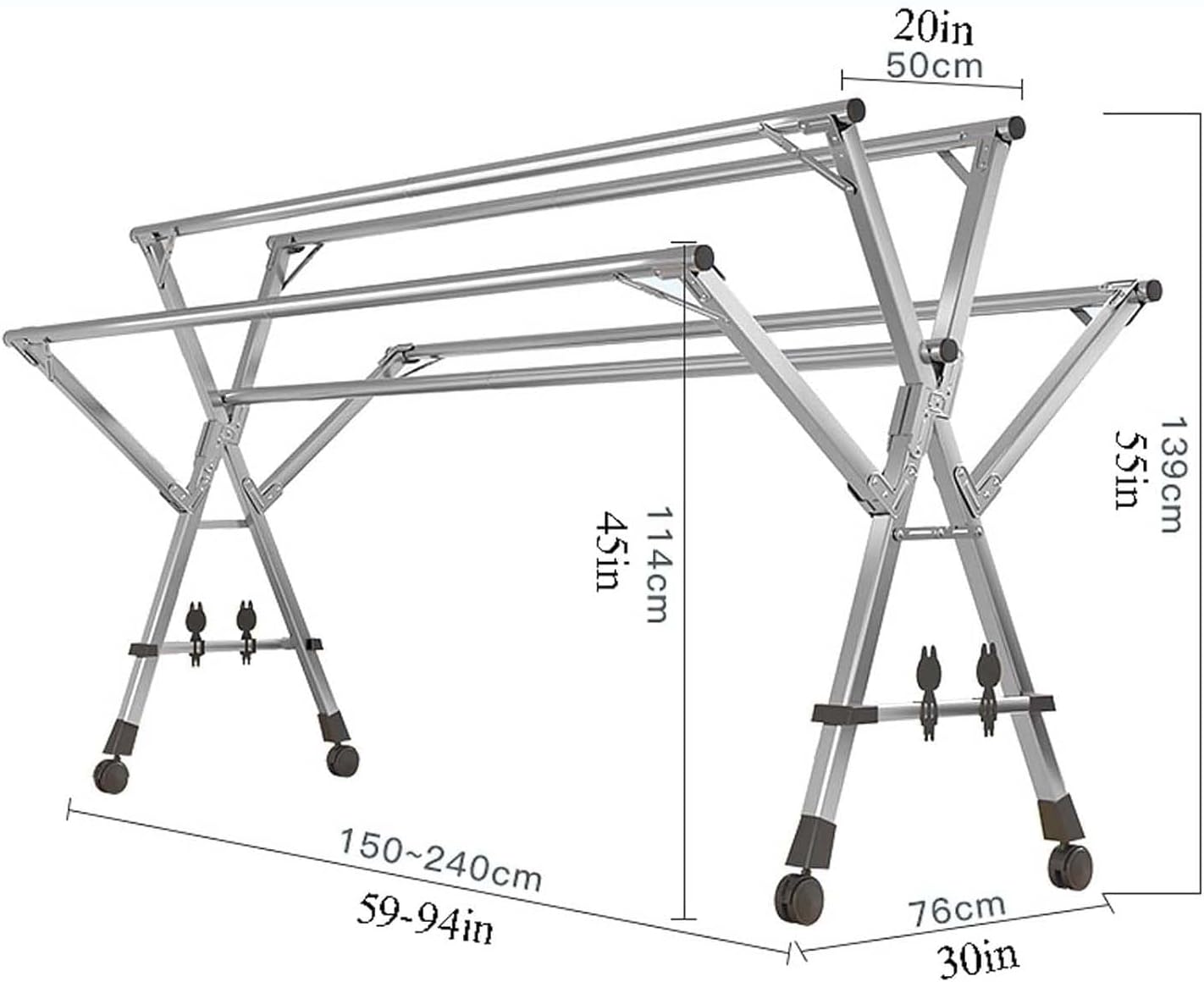Drying Clothes Rack 240cm/95in, Outdoor Laundry Drying Rack with 4 Wheels, Laundry Drying Rack Folding 5 Rod, No Assembly Required, for Hanging Clothes