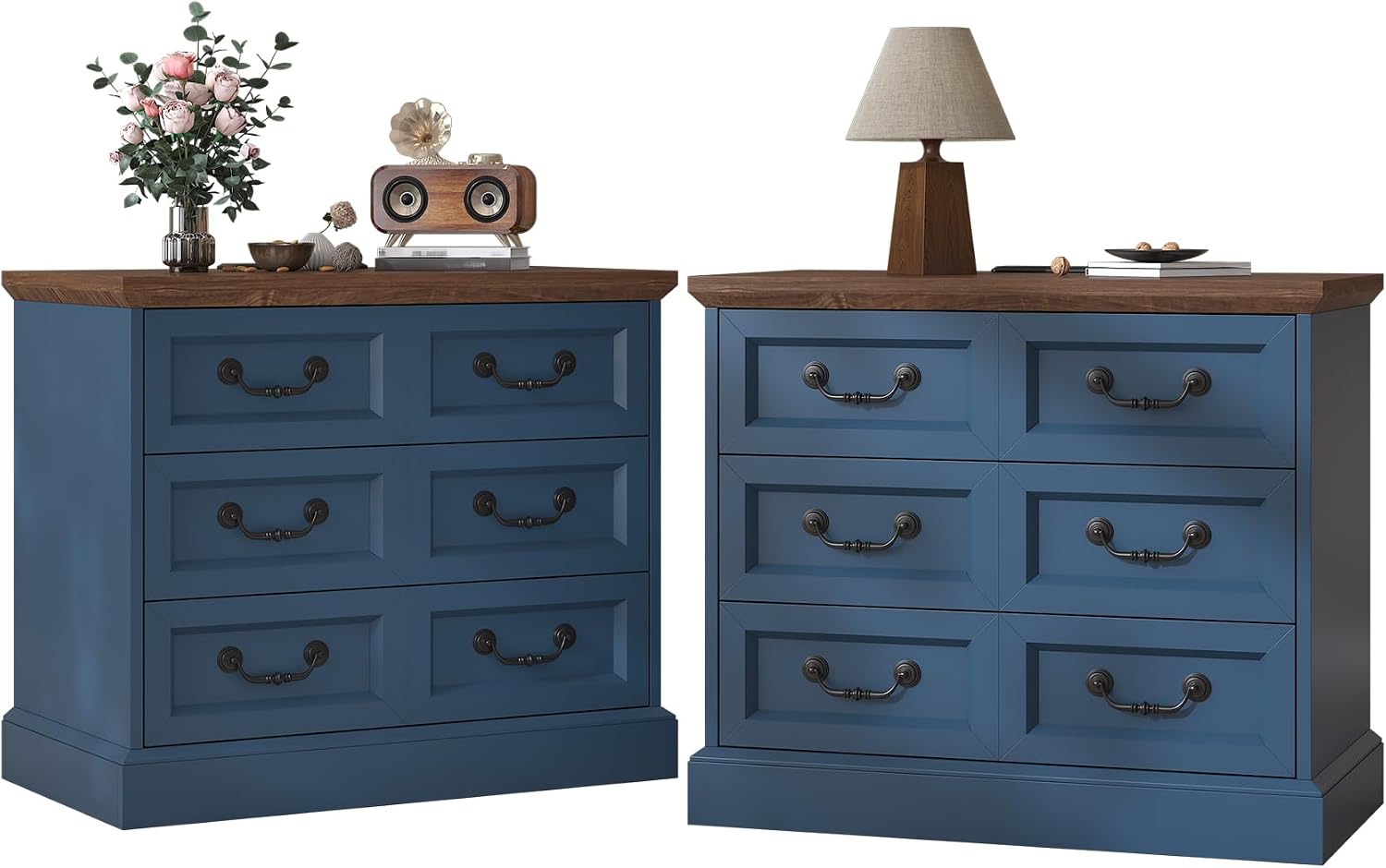 VVFLU 27.6' Wide Farmhouse Nightstand with Charging Station, 3 Drawer Nightstands Set of 2, Larger Side Table End Table, Modern Night Stand for Bedroom, Living Room, Blue Nightstand