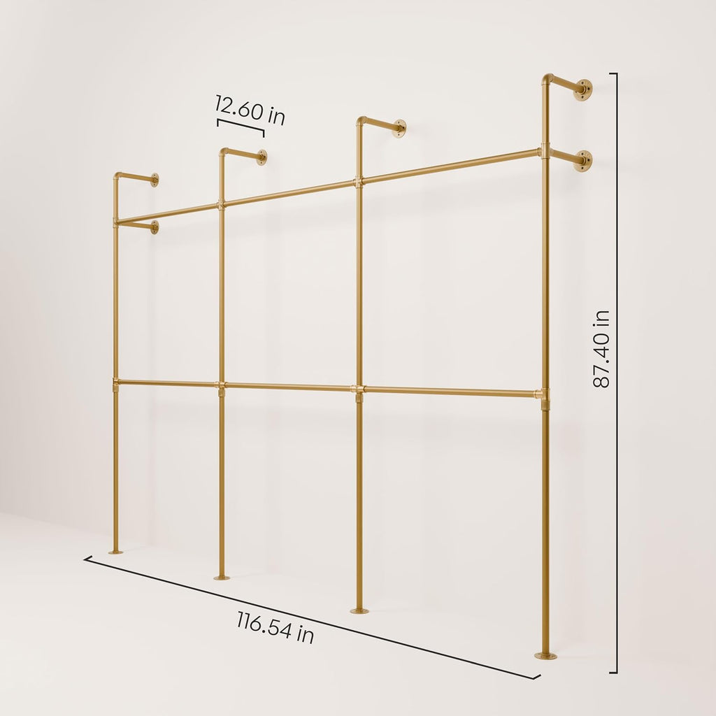 pamo Industrial Pipe Clothing Rack Gold - 1014 lbs Capacity - Wall Mounted Clothes Rack and Walk In Closet for Wardrobe