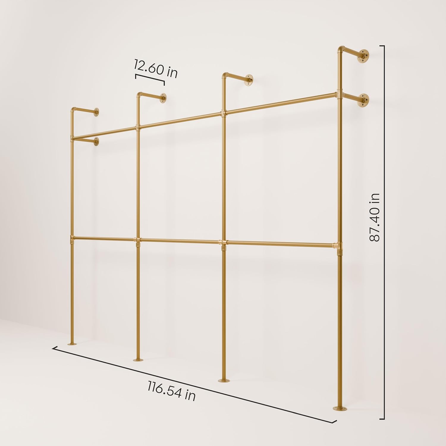 pamo Industrial Pipe Clothing Rack Gold - 1014 lbs Capacity - Wall Mounted Clothes Rack and Walk In Closet for Wardrobe