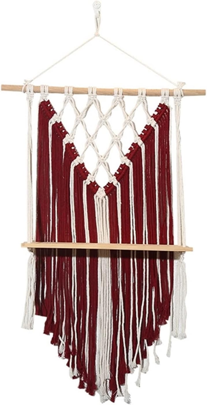 Tapestry Macrame Wall Hanging Shelf Bohemian Tapestry Woven Hanging Wall Decor (Red)