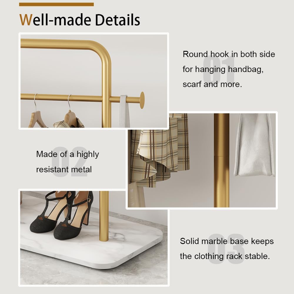 KaKaBB Gold Clothing Rack with Shelves, Coat Racks Freestanding with Marble Base, Clothing Rack for Hanging Clothes, Gold Garment Rack for Boutiques, Bedroom (2 tier, 31.5')