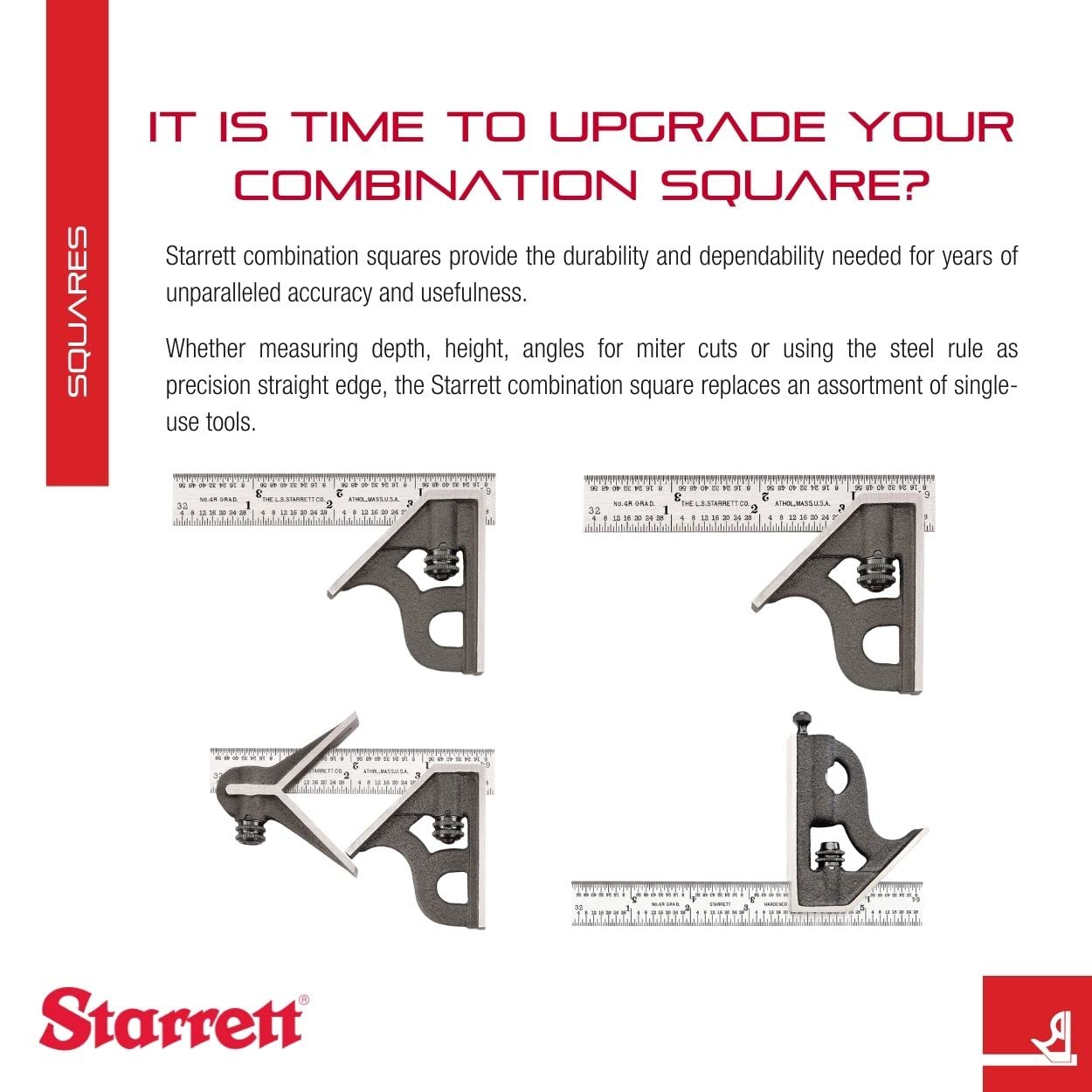 Starrett Steel Combination Square with Square Head - 24' Blade Length, Cast Iron Heads, Reversible Lock Bolt, Scriber, Spirit Level, 4R Graduation Type - 11H-24-4R