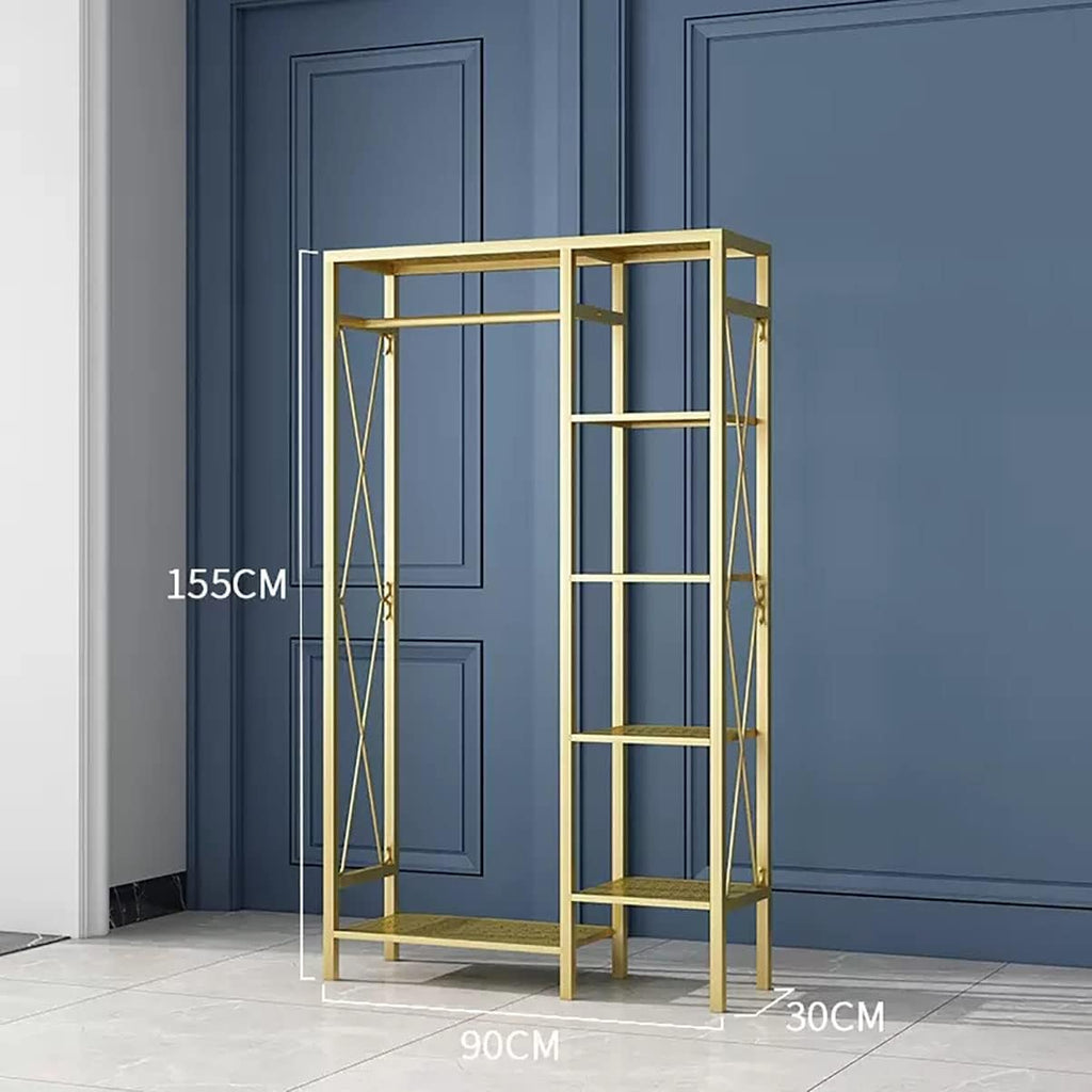 Metal Clothing Rack With Rods Freestanding Garment Rack For Hanging Clothes Organizer Wardrobe With 6-Tier Storage Shelve For Bedroom, Entryway (Color : Gold, Size : 90cm)
