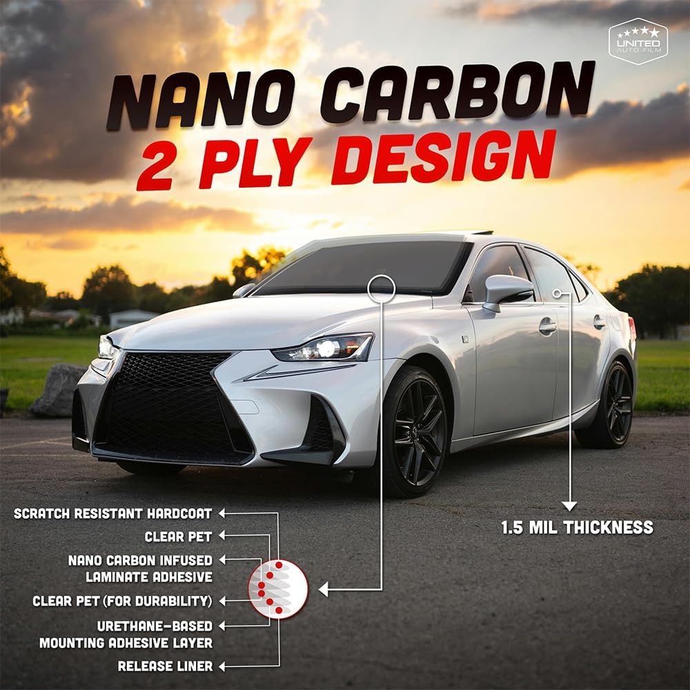 United Window Tint 40' in 100'Ft Nano Carbon Film 2Ply Charcoal 20% VLT - Clear PET Privacy Window Tint for Car, Home, Blocks UV/IR Rays, Reduce Heat & Glare- Adhesive Film - Lifetime Color Stability
