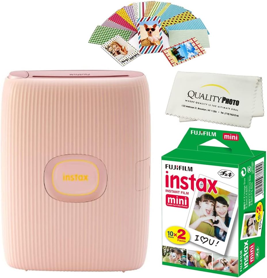 Fujifilm Instax Mini Link 2 Smartphone Printer Plus Instax Mini Films 20 Pack. Plus Stickers. Bonus All-Purpose Microfiber Cloth -Soft Pink…