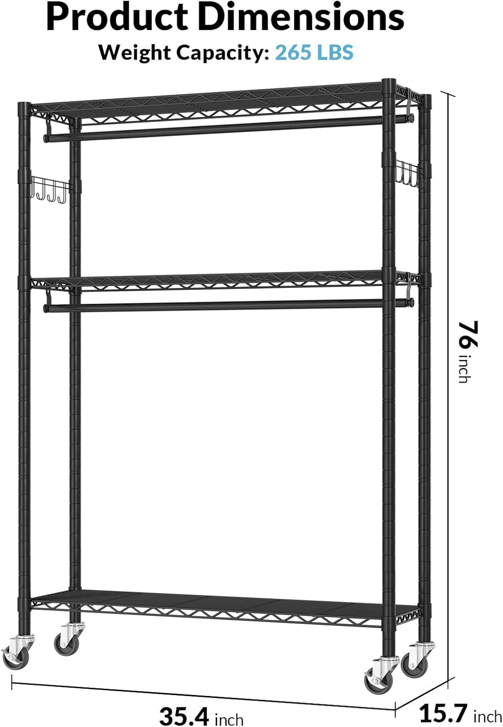 Rolling Clothes Rack Heavy Duty, Free Standing Garment Rack with Wheels, Portable Closet Rack, Closet Organizer System with 35.4' W x 15.7' D x 76' H, Max Load 500Lbs (Black)