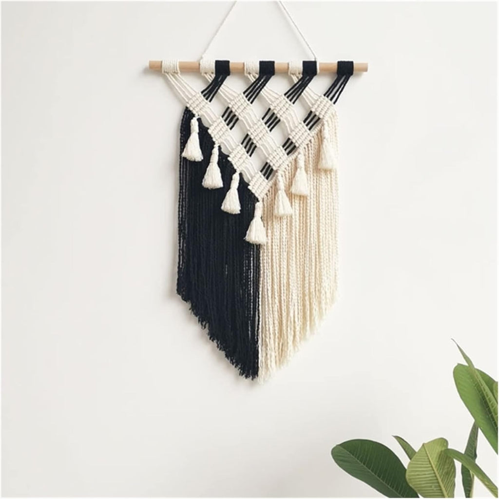 Tapestry Tassel Tapestry Macrame Wall Hanging Bohemian Hand Knotted Rope Home Decorations Black and White Color (OneColor 35x52cm)