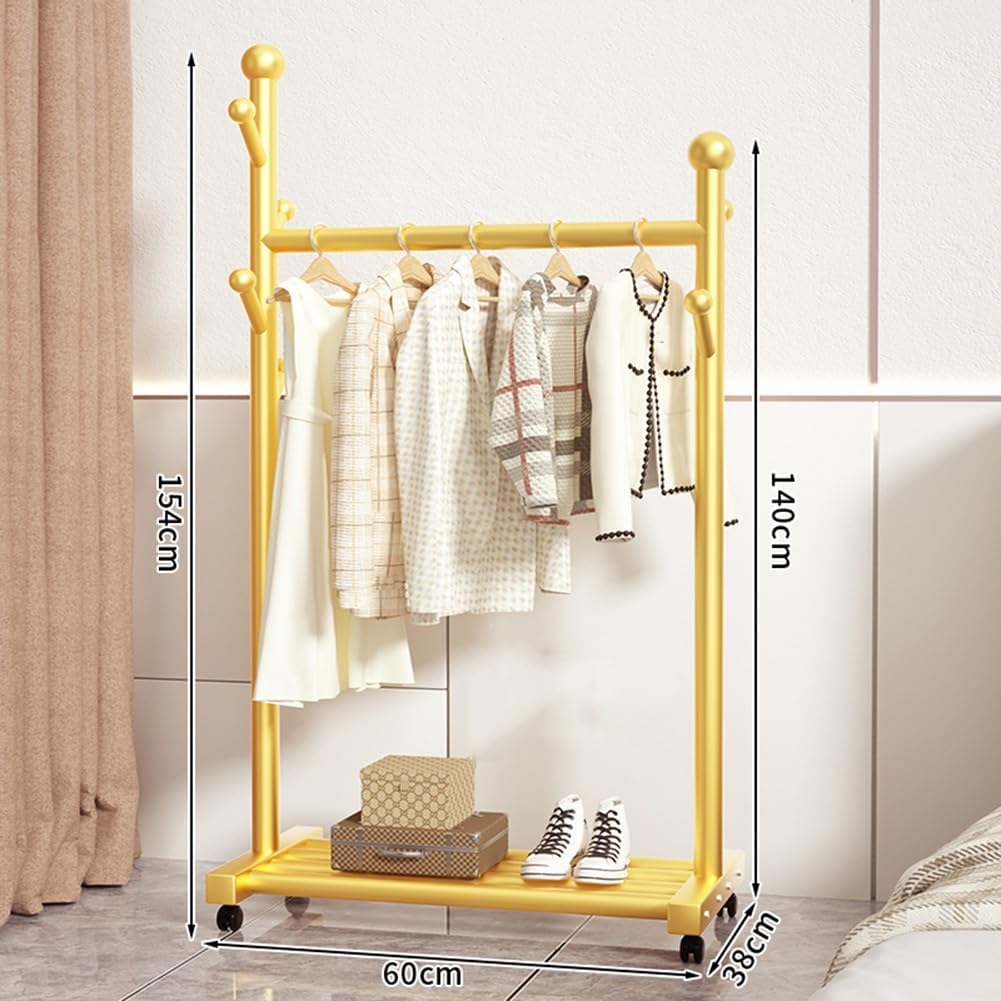 Narrow Clothes Rack with Wheels, Rolling Garment Rack for Hanging Clothes, Clothing Organizer with Side Hooks and Bottom Storage Shelf, Gold (Color : Gold, Size : 60x38x154cm)