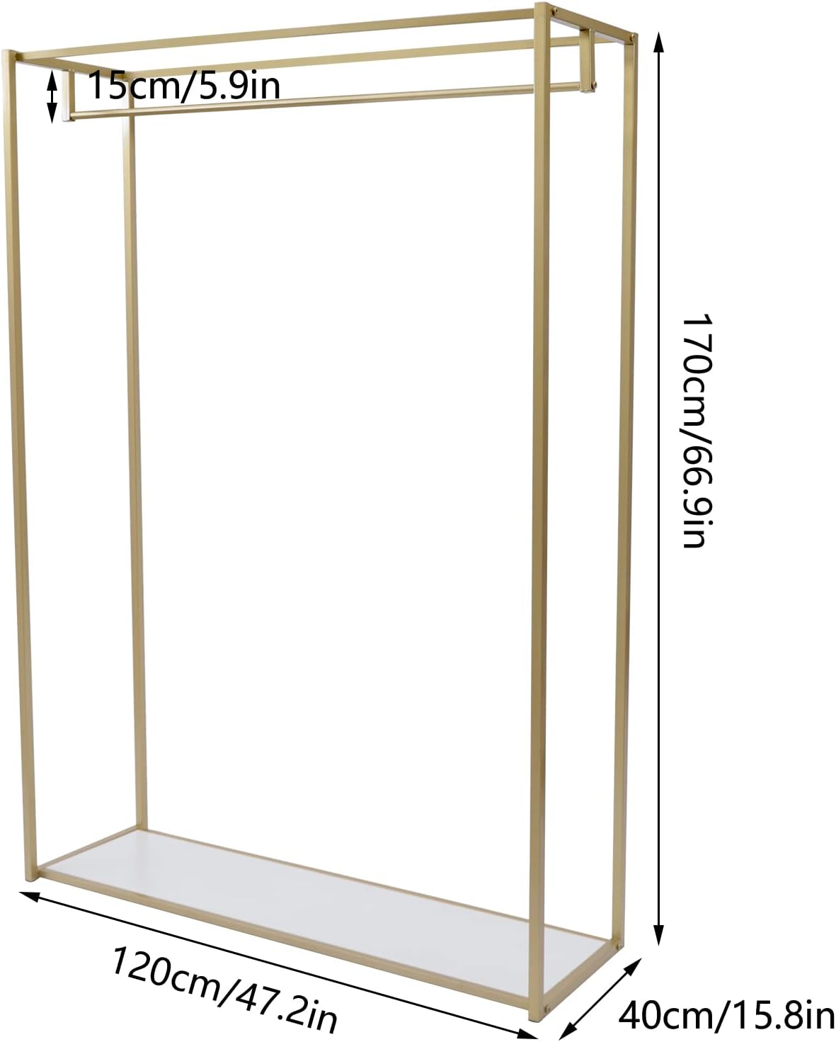 Heavy Duty Gold Clothing Rack with Shelves for Hanging Clothing Wedding Dress Retail Studio Display Stand Metal Freestanding Garment Rack for Shoes, Bags, Retail Studio, Wedding Dress 47.2x15.8x66.9in