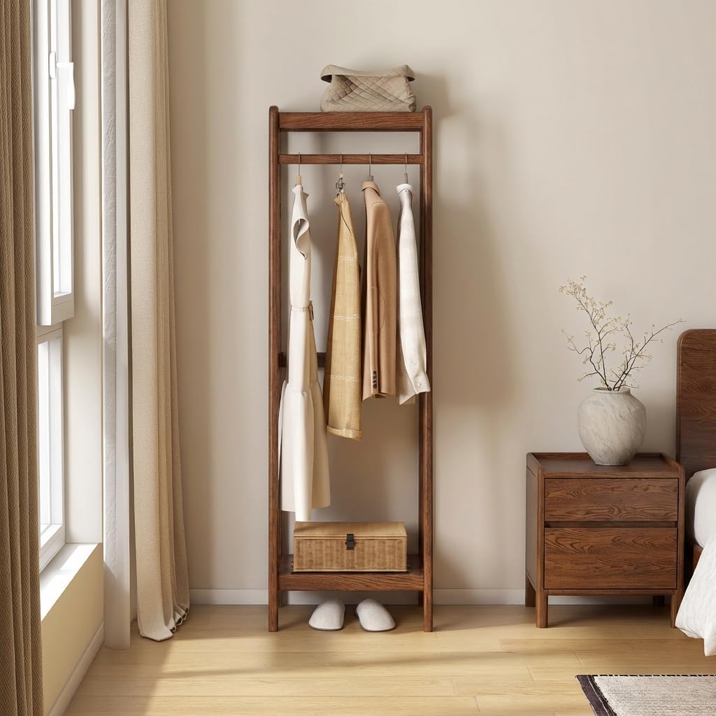 Solid Wood Clothes Rack, Clothing Rack with 2 Shelves Storage, Floor-Standing Coat Rack for Bedroom, Living Room, 16' x 20' x 63',Entryway,Walnut