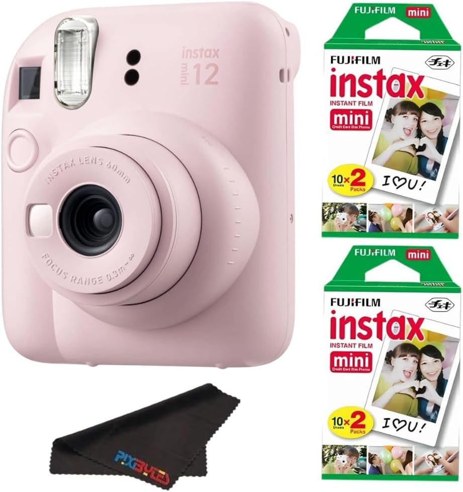 Fujifilm Instax Mini 12 Camera with Fujifilm Instant Mini Film and PixiBytes Microfiber Cleaning Cloth... (Blossom Pink, Camera + 2 Twin Pack)